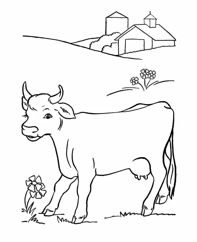 Desenho de contorno de uma vaca caminhando em um campo com flores, tendo ao fundo uma casa de fazenda, celeiro e silos.