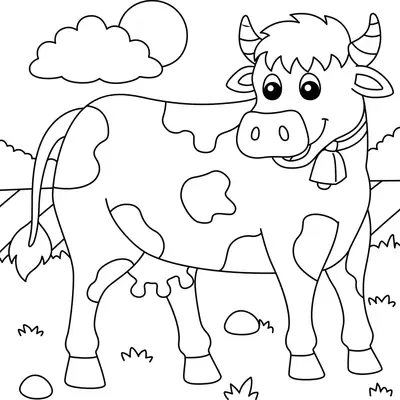 Desenho de contorno de uma vaca sorridente com manchas, chifres listrados e um sino, em um cenário com sol, nuvens e gramado.