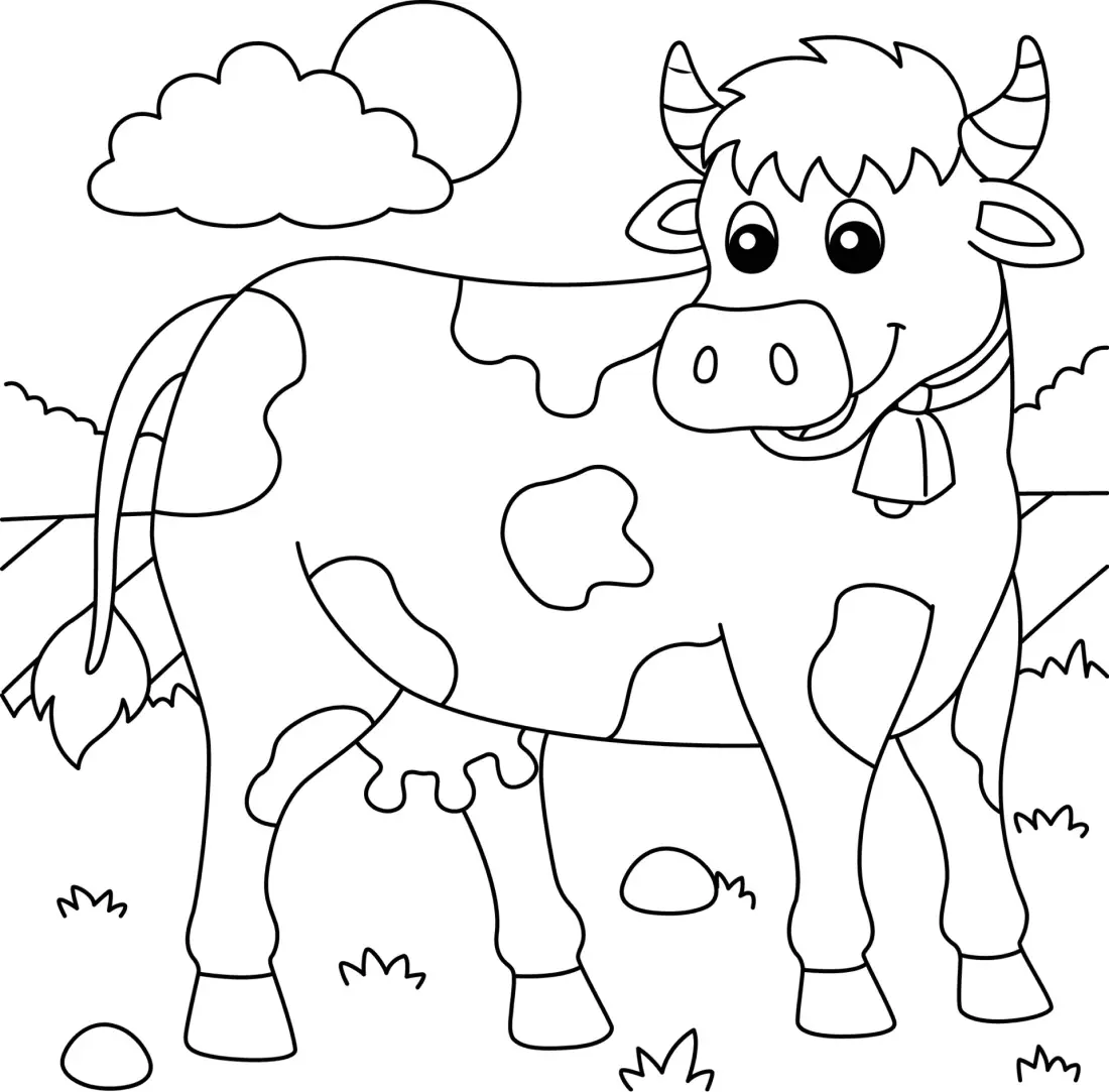 Desenho de contorno de uma vaca sorridente com manchas, chifres listrados e um sino, em um cenário com sol, nuvens e gramado.