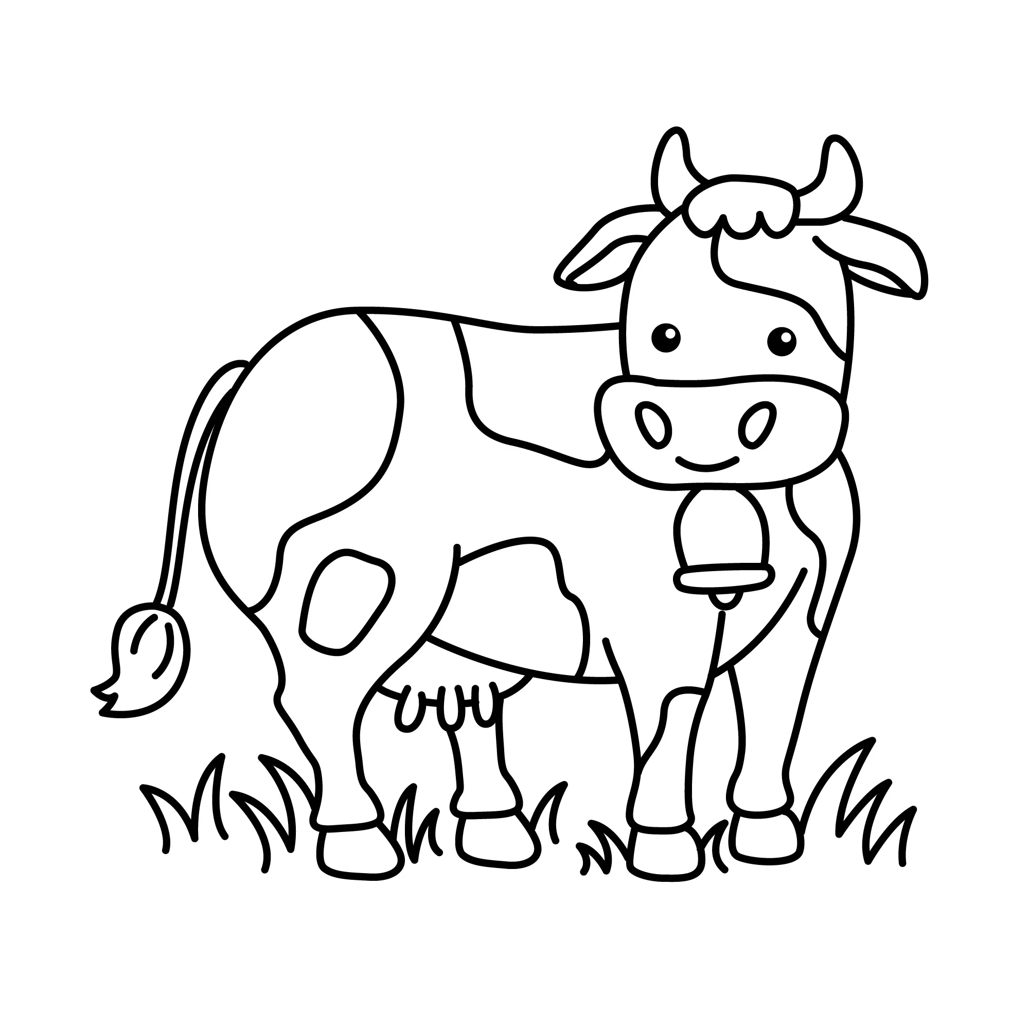 Desenho de contorno de uma vaca sorridente em pé na grama, com manchas, um sino no pescoço e expressão feliz.