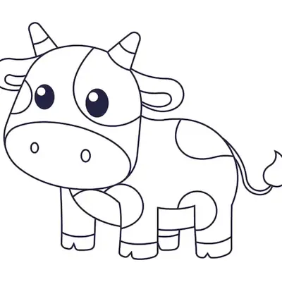 Desenho de contorno de uma vaquinha pequena e gordinha, com chifres listrados, olhos grandes e manchas circulares, em estilo cartoon.
