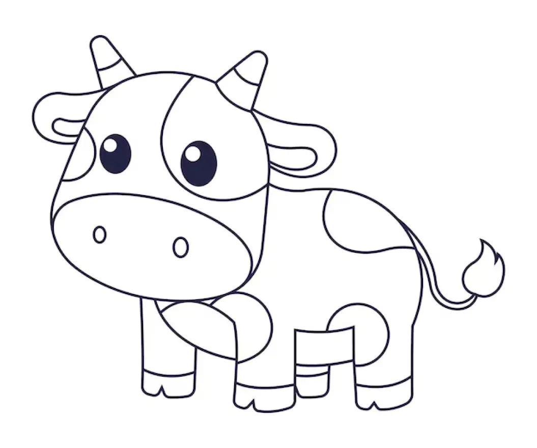 Desenho de contorno de uma vaquinha pequena e gordinha, com chifres listrados, olhos grandes e manchas circulares, em estilo cartoon.