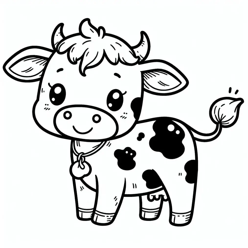 Desenho de contorno de uma vaquinha bebê em estilo cartoon, com olhos grandes brilhantes, manchas pelo corpo e um colar com pingente redondo.