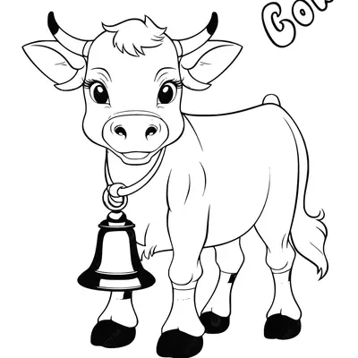 Desenho de contorno de uma vaca realista com chifres pequenos, cílios longos, usando um sino grande no pescoço e a palavra 