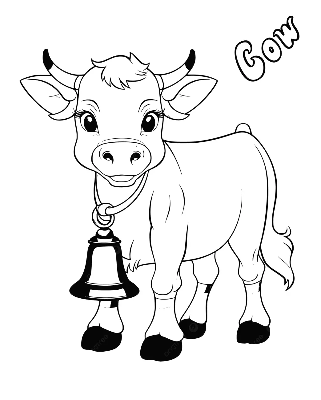 Desenho de contorno de uma vaca realista com chifres pequenos, cílios longos, usando um sino grande no pescoço e a palavra "Cow" no topo.