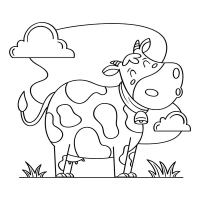 Desenho de contorno de uma vaca gordinha e feliz, com manchas grandes, usando um sino e cercada por nuvens e grama.