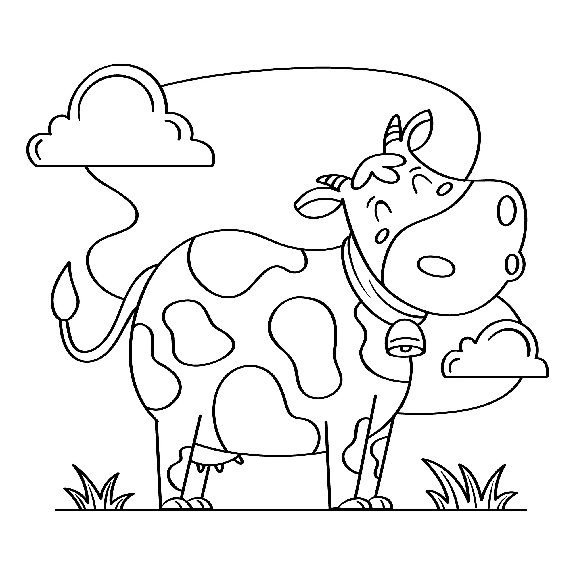 Desenho de contorno de uma vaca gordinha e feliz, com manchas grandes, usando um sino e cercada por nuvens e grama.