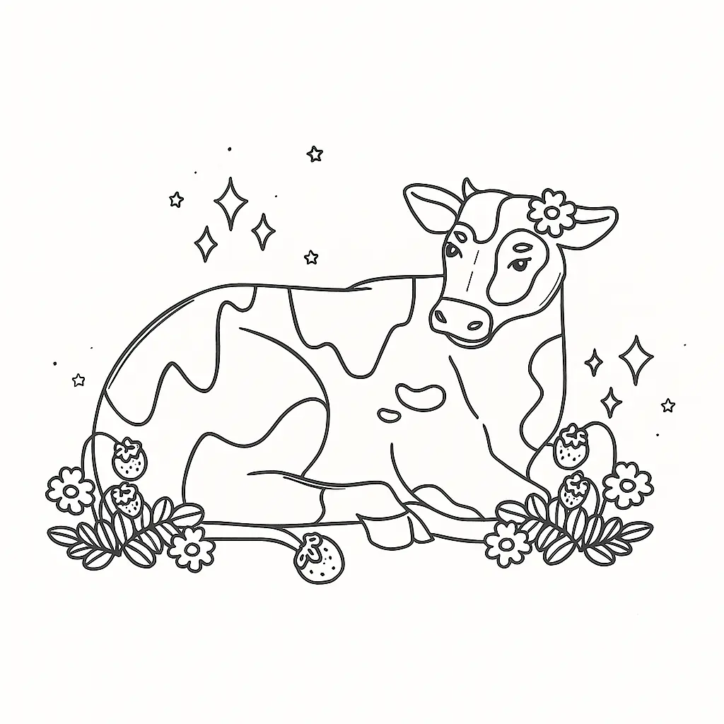 Desenho de contorno de uma vaca deitada com uma flor na orelha, cercada por morangos, flores e pequenas estrelas brilhantes ao redor.