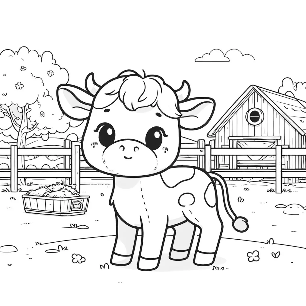 Desenho de contorno de uma vaca bebê fofa em um cenário de fazenda com cerca, celeiro ao fundo e uma árvore com flores.