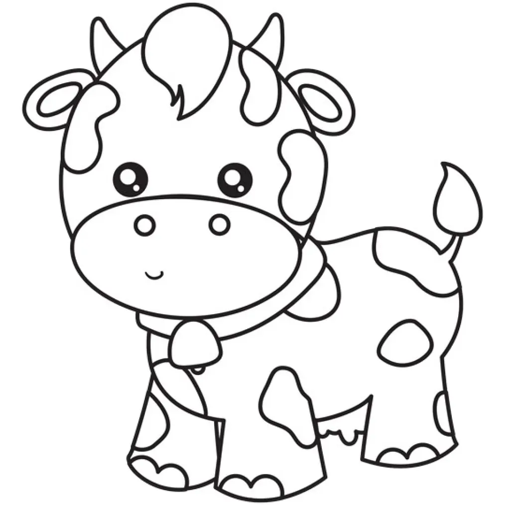 Desenho de contorno de uma vaquinha bebê estilo kawaii com olhos grandes, bochechas marcadas, manchas redondas e um sino no pescoço.