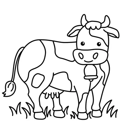 Desenho de contorno de uma vaca em pé sobre a grama, com manchas pelo corpo, um sino no pescoço e expressão de tranquilidade.