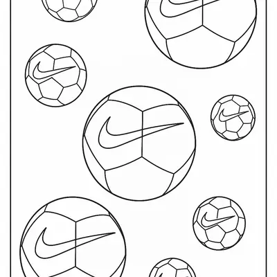 Desenho de contorno com múltiplas bolas de futebol de diversos tamanhos, todas exibindo o logotipo da Nike (Swoosh), distribuídas em uma folha branca.
