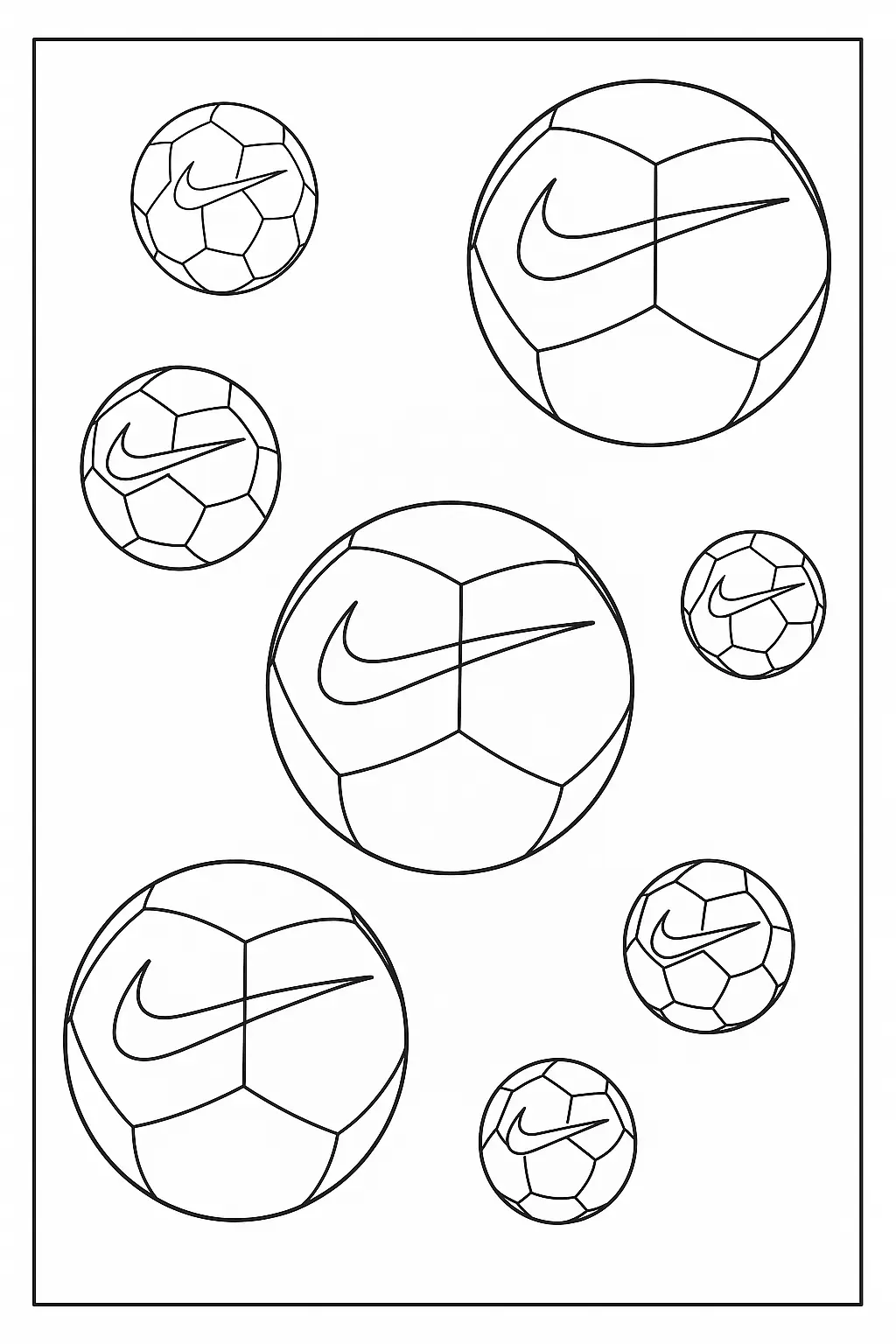 Desenho de contorno com múltiplas bolas de futebol de diversos tamanhos, todas exibindo o logotipo da Nike (Swoosh), distribuídas em uma folha branca.
