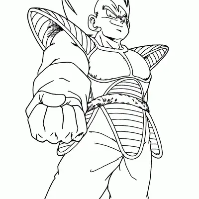 Desenho de contorno em preto e branco do Vegeta visto de baixo, usando armadura com ombreiras grandes e estendendo o punho fechado em direção ao espectador.