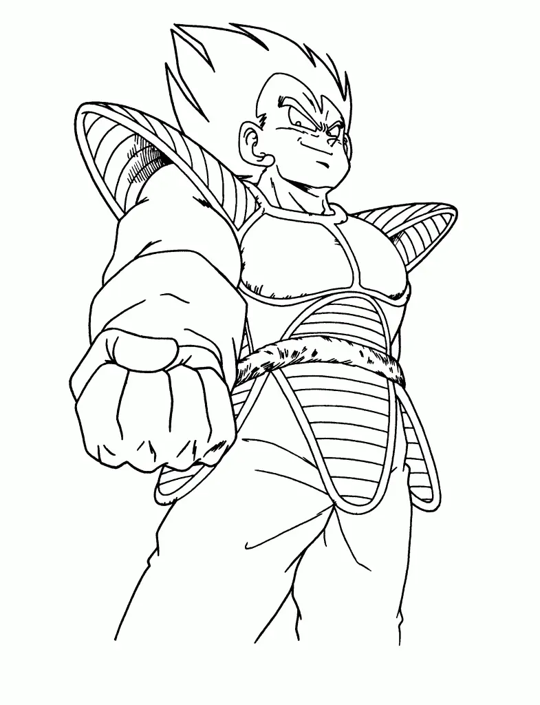 Desenho de contorno em preto e branco do Vegeta visto de baixo, usando armadura com ombreiras grandes e estendendo o punho fechado em direção ao espectador.