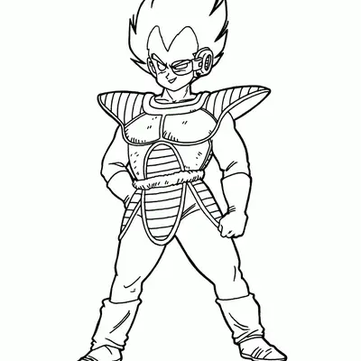 Desenho de contorno em preto e branco do Vegeta jovem, usando armadura com ombreiras pontiagudas, rastreador no olho e sorriso confiante.