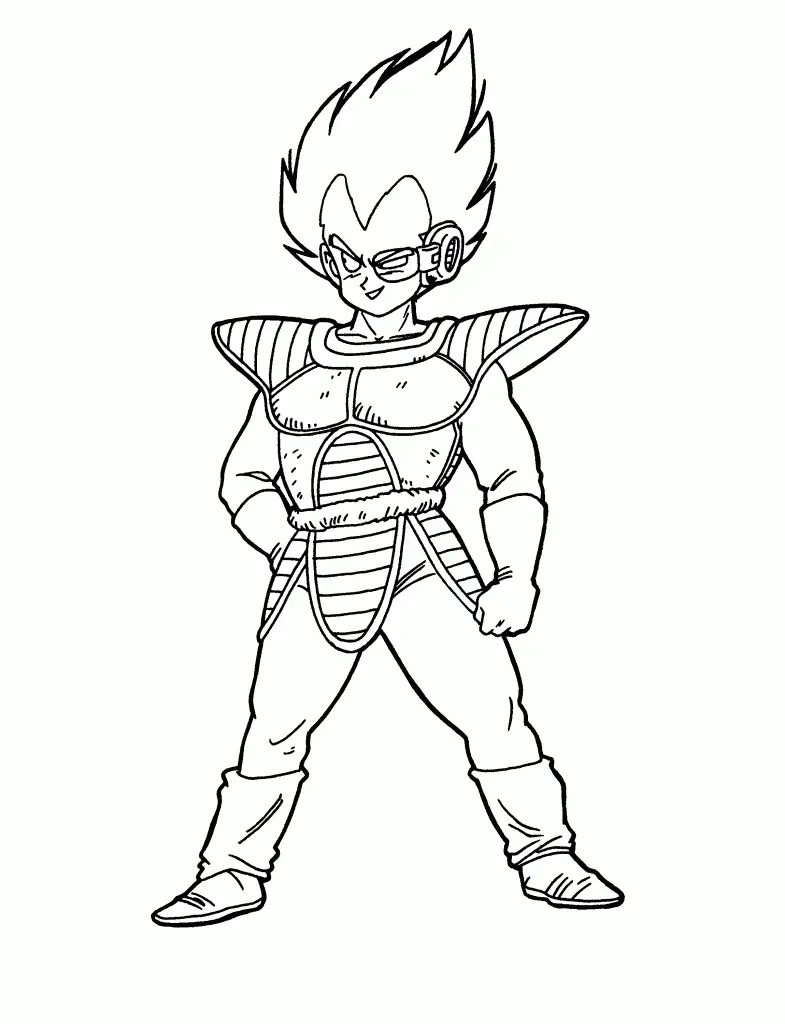 Desenho de contorno em preto e branco do Vegeta jovem, usando armadura com ombreiras pontiagudas, rastreador no olho e sorriso confiante.