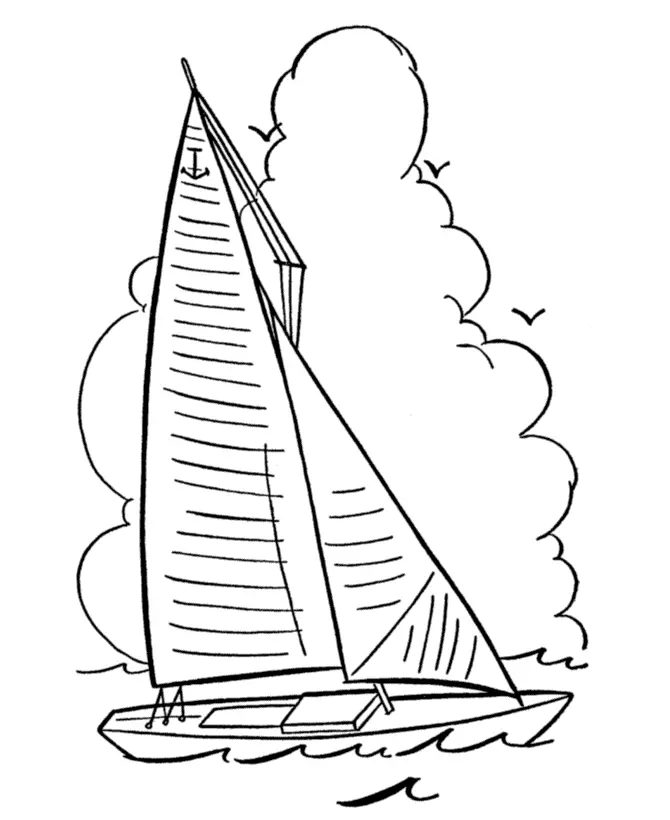 Desenho de contorno de um veleiro moderno com vela listrada exibindo um símbolo de âncora, navegando em ondas suaves com nuvens ao fundo.