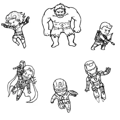 Desenho de contorno em preto e branco de seis heróis da Marvel (Viúva Negra, Hulk, Gavião Arqueiro, Thor, Capitão América e Homem de Ferro) em estilo chibi de corpo inteiro.
