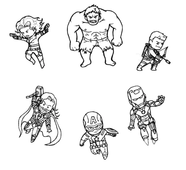 Desenho de contorno em preto e branco de seis heróis da Marvel (Viúva Negra, Hulk, Gavião Arqueiro, Thor, Capitão América e Homem de Ferro) em estilo chibi de corpo inteiro.