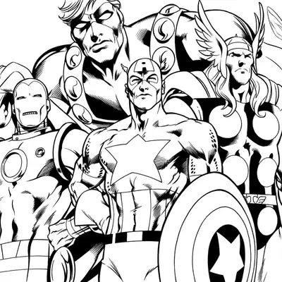 Desenho de contorno em preto e branco dos Vingadores. Capitão América no centro com seu escudo, ladeado por Thor e Homem de Ferro, com Visão à esquerda e Vespa à direita.