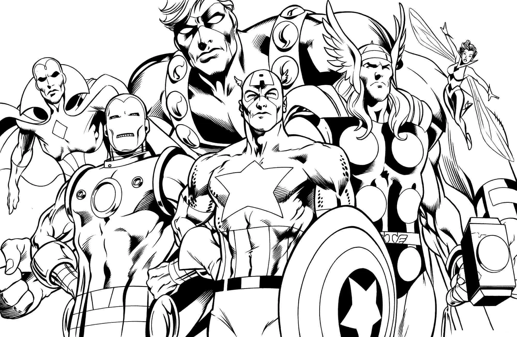 Desenho de contorno em preto e branco dos Vingadores. Capitão América no centro com seu escudo, ladeado por Thor e Homem de Ferro, com Visão à esquerda e Vespa à direita.