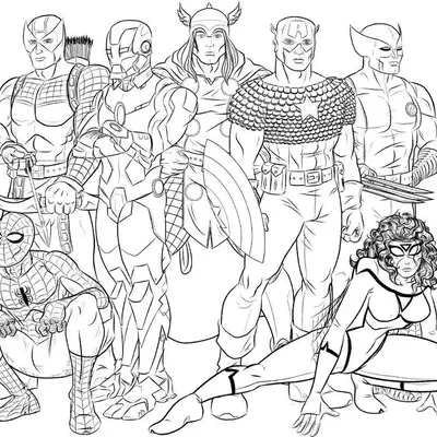 Desenho de contorno em preto e branco de sete heróis da Marvel em pé: Gavião Arqueiro, Homem de Ferro, Thor, Capitão América e Wolverine atrás, com Homem-Aranha e Mulher-Aranha agachados à frente.