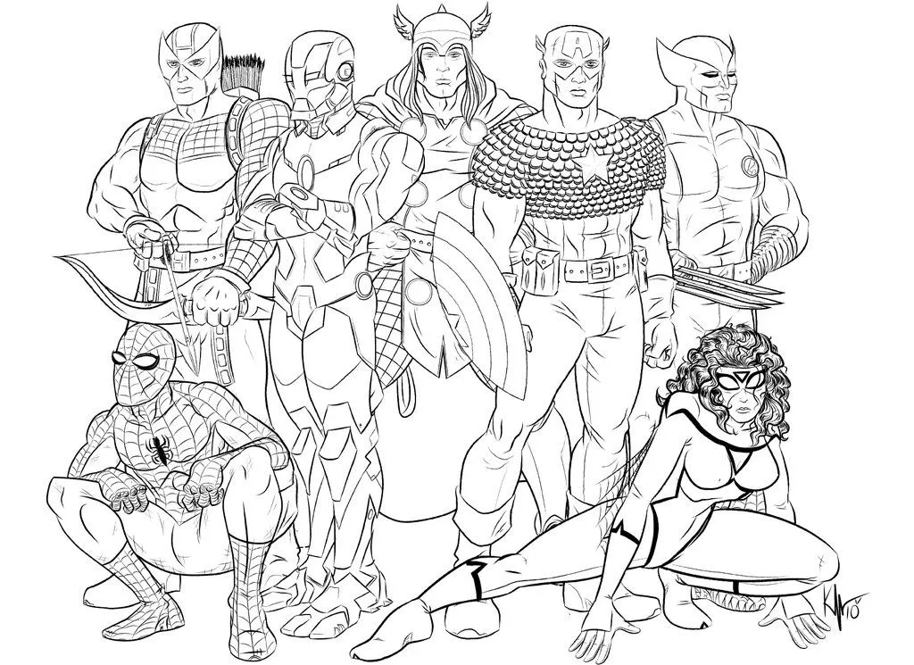 Desenho de contorno em preto e branco de sete heróis da Marvel em pé: Gavião Arqueiro, Homem de Ferro, Thor, Capitão América e Wolverine atrás, com Homem-Aranha e Mulher-Aranha agachados à frente.