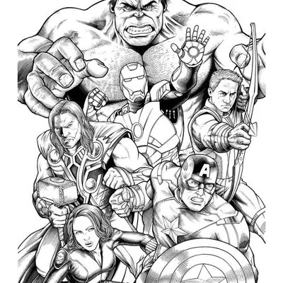 Desenho de contorno detalhado em preto e branco dos Vingadores: Hulk ao fundo, Homem de Ferro e Gavião Arqueiro no meio, e Thor, Viúva Negra e Capitão América à frente.