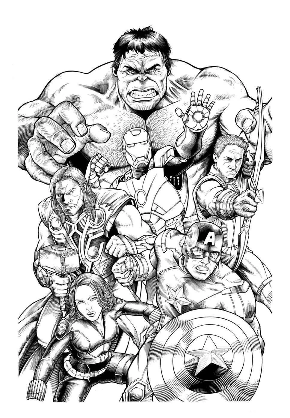 Desenho de contorno detalhado em preto e branco dos Vingadores: Hulk ao fundo, Homem de Ferro e Gavião Arqueiro no meio, e Thor, Viúva Negra e Capitão América à frente.