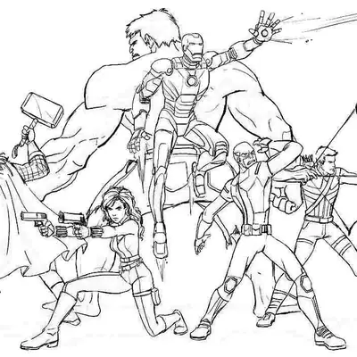 Desenho de contorno em preto e branco dos Vingadores em ação: Homem de Ferro voando ao centro, Hulk ao fundo, Viúva Negra e Capitão América à frente, Thor e Gavião Arqueiro nas laterais.
