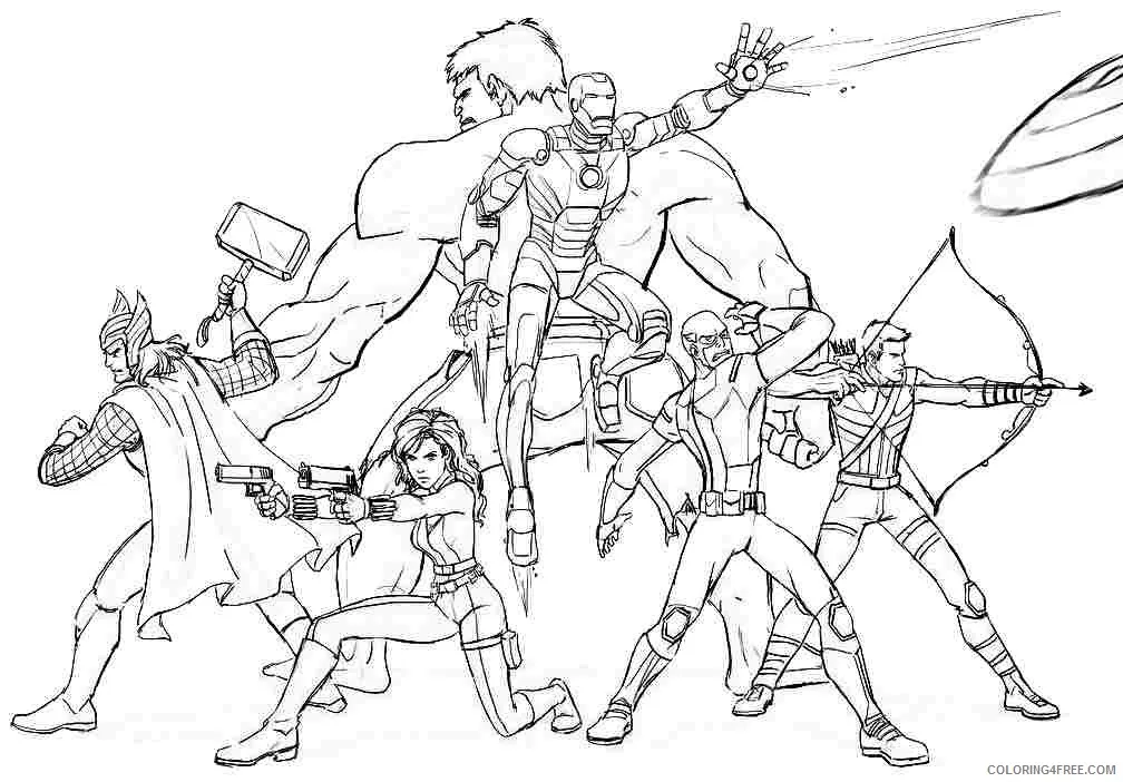 Desenho de contorno em preto e branco dos Vingadores em ação: Homem de Ferro voando ao centro, Hulk ao fundo, Viúva Negra e Capitão América à frente, Thor e Gavião Arqueiro nas laterais.
