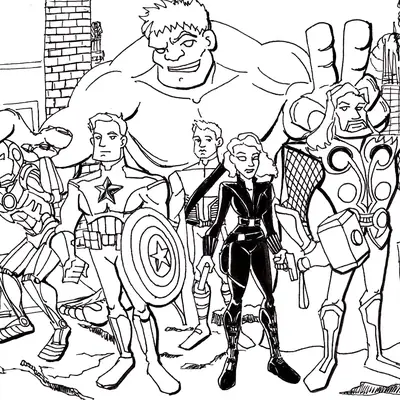 Desenho de contorno em preto e branco dos Vingadores em estilo cartunista: Hulk ao fundo sorrindo, Capitão América à frente com escudo, e outros membros em poses variadas.
