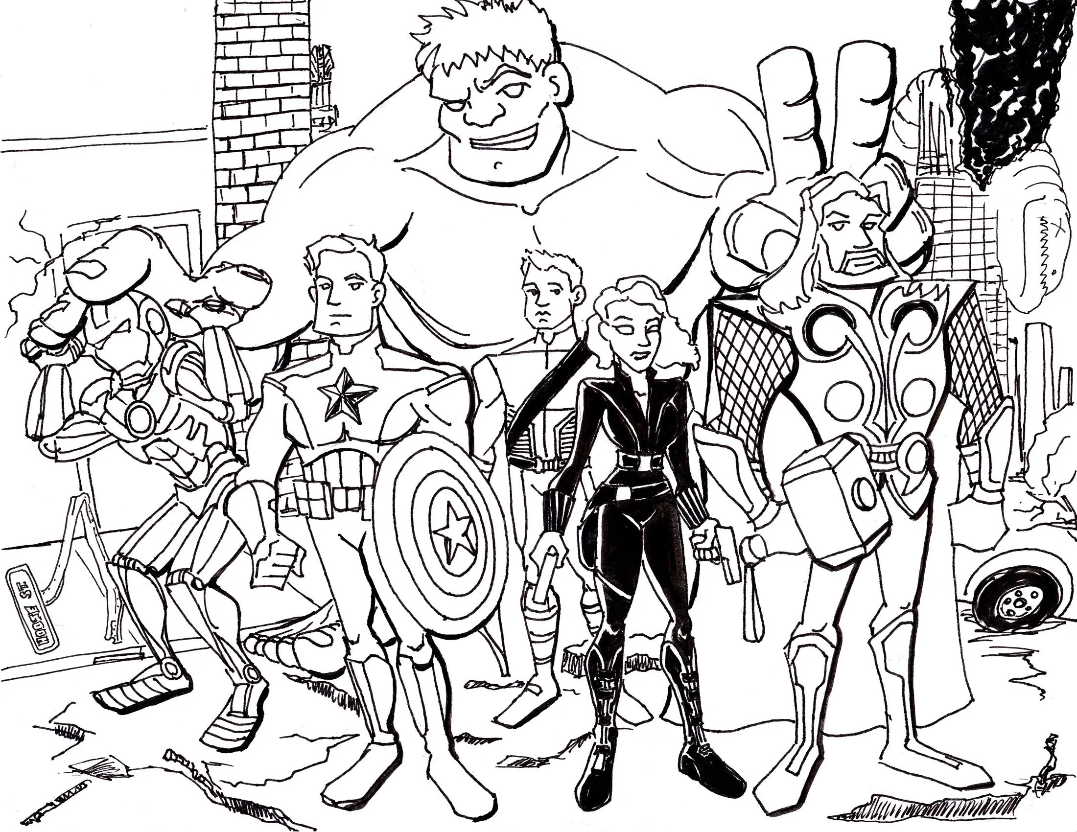 Desenho de contorno em preto e branco dos Vingadores em estilo cartunista: Hulk ao fundo sorrindo, Capitão América à frente com escudo, e outros membros em poses variadas.