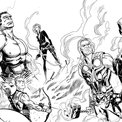 Desenho de contorno em preto e branco de alto contraste dos Vingadores: Capitão América à esquerda, Hulk ao fundo, Viúva Negra no centro, Thor e Homem de Ferro à direita.