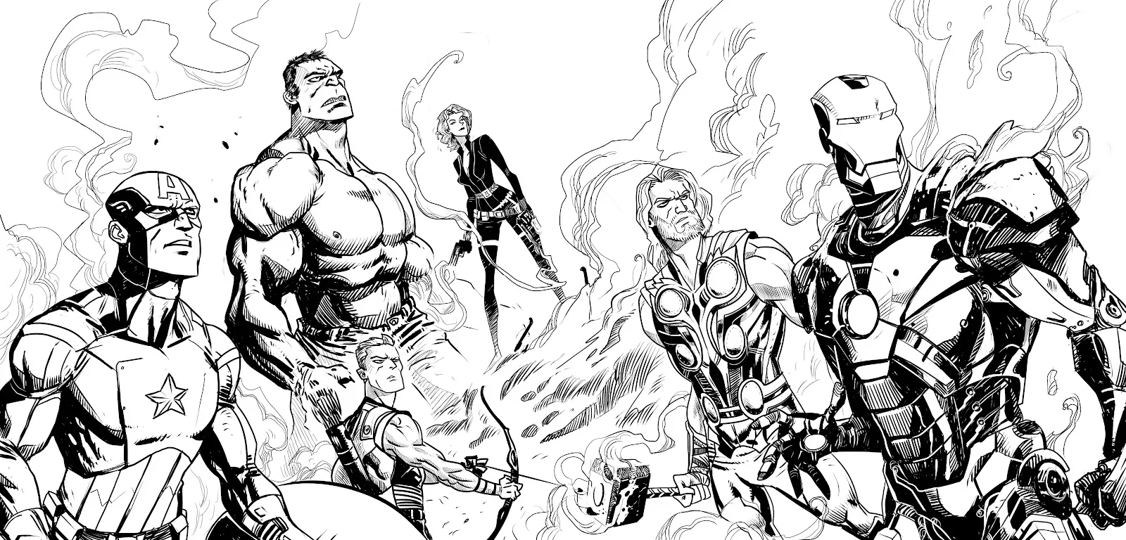 Desenho de contorno em preto e branco de alto contraste dos Vingadores: Capitão América à esquerda, Hulk ao fundo, Viúva Negra no centro, Thor e Homem de Ferro à direita.