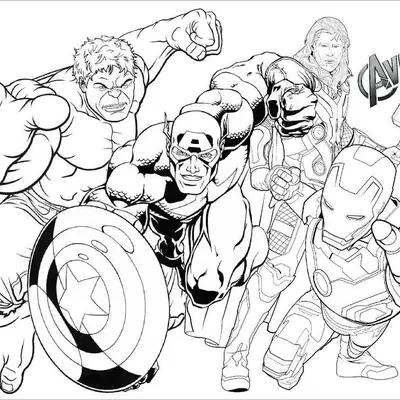 Desenho de contorno em preto e branco dos Vingadores: Hulk rugindo ao fundo, Capitão América com escudo à frente, Thor com o martelo Mjolnir e Homem de Ferro estendendo a mão com repulsor.