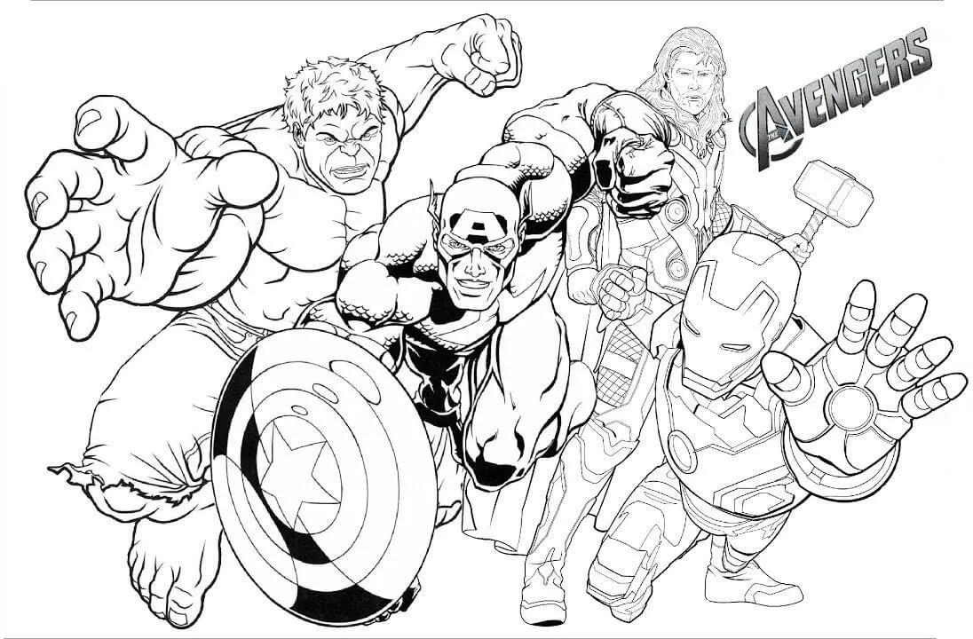 Desenho de contorno em preto e branco dos Vingadores: Hulk rugindo ao fundo, Capitão América com escudo à frente, Thor com o martelo Mjolnir e Homem de Ferro estendendo a mão com repulsor.