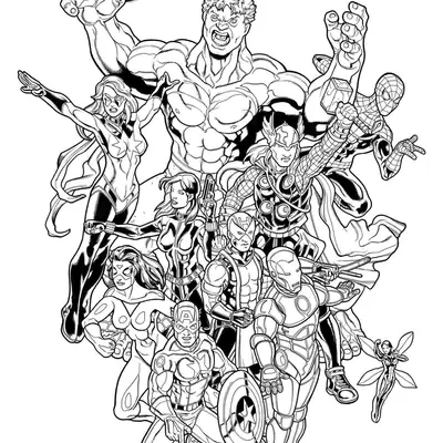 Desenho de contorno em preto e branco dos Vingadores reunidos; Hulk ao fundo rugindo, Capitão América à frente com seu escudo, acompanhado por Homem de Ferro, Thor, Homem-Aranha e outros heróis.