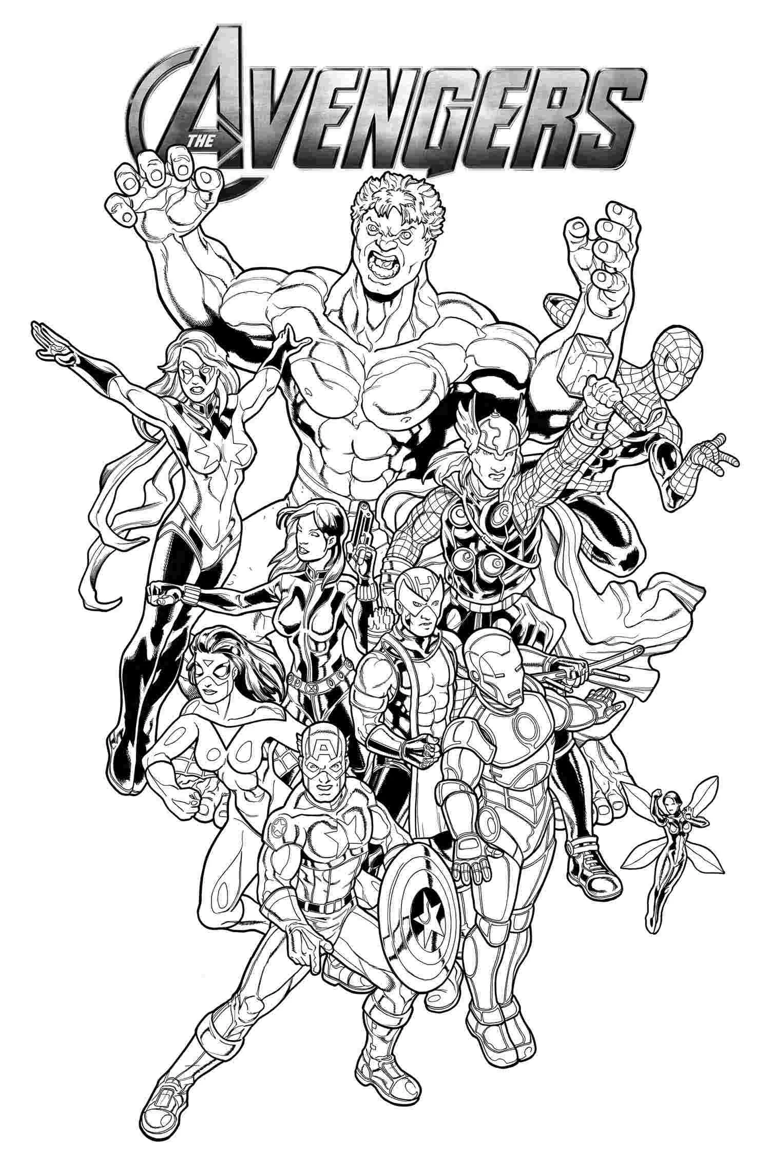 Desenho de contorno em preto e branco dos Vingadores reunidos; Hulk ao fundo rugindo, Capitão América à frente com seu escudo, acompanhado por Homem de Ferro, Thor, Homem-Aranha e outros heróis.