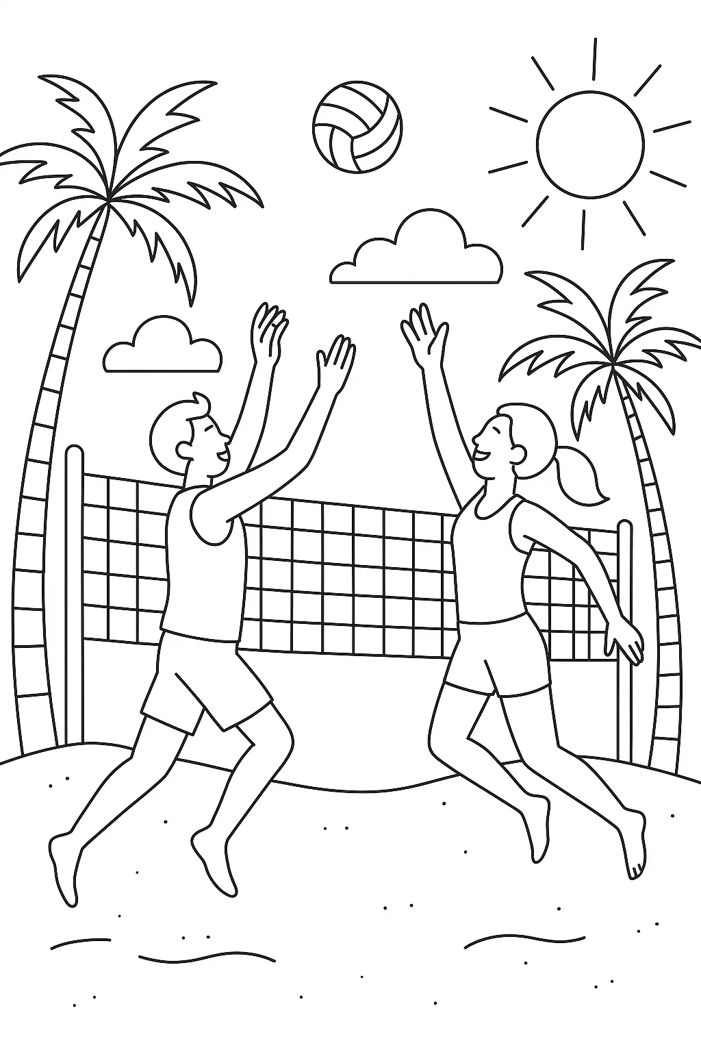 Desenho de contorno de um homem e uma mulher jogando vôlei de praia, saltando em direção a uma bola sobre a rede, com coqueiros e sol ao fundo.