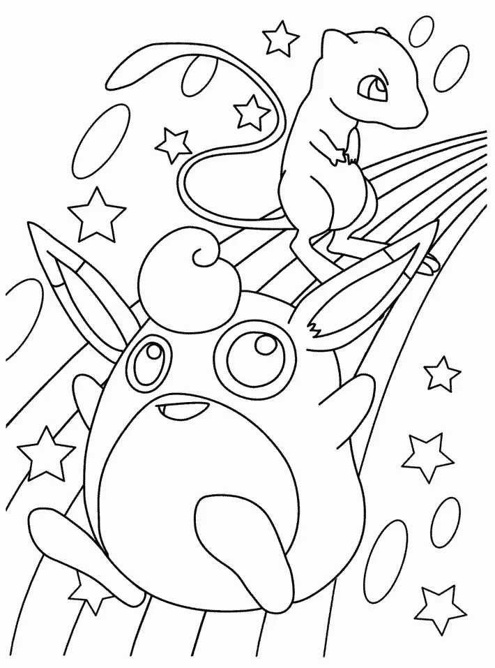 Desenho de contorno em preto e branco do Pokémon Wigglytuff em primeiro plano e o pequeno Mew ao fundo, cercados por estrelas e formas ovais flutuantes.