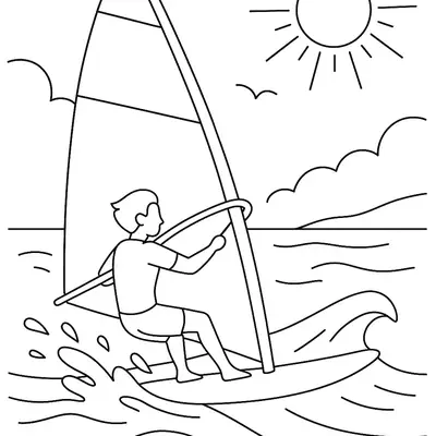 Desenho de contorno de um homem praticando windsurf em uma prancha com vela, enfrentando ondas, com sol radiante e gaivotas ao fundo.