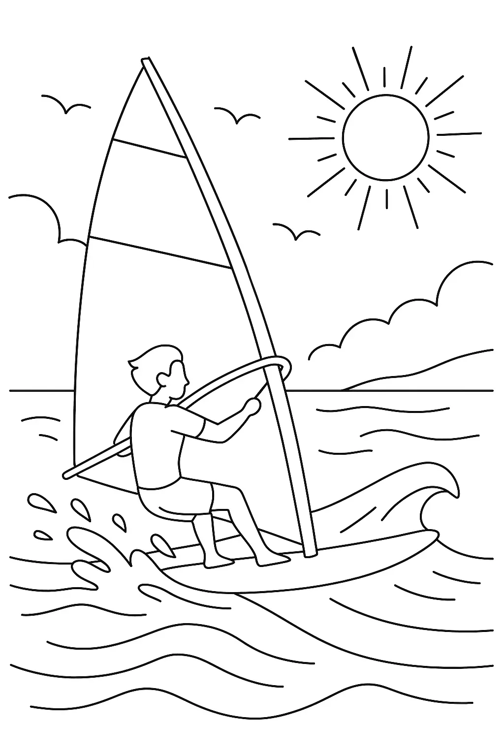Desenho de contorno de um homem praticando windsurf em uma prancha com vela, enfrentando ondas, com sol radiante e gaivotas ao fundo.