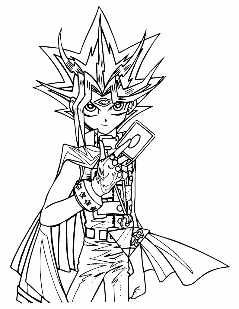 Desenho de contorno em preto e branco de Yami Yugi segurando uma carta, usando sua capa característica e o colar do Enigma do Milênio.