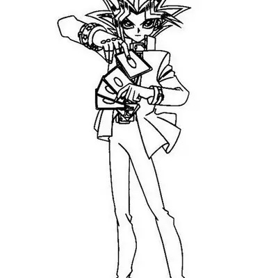 Desenho de contorno em preto e branco de Yami Yugi de corpo inteiro, segurando quatro cartas de duelo e apontando para a frente com determinação.