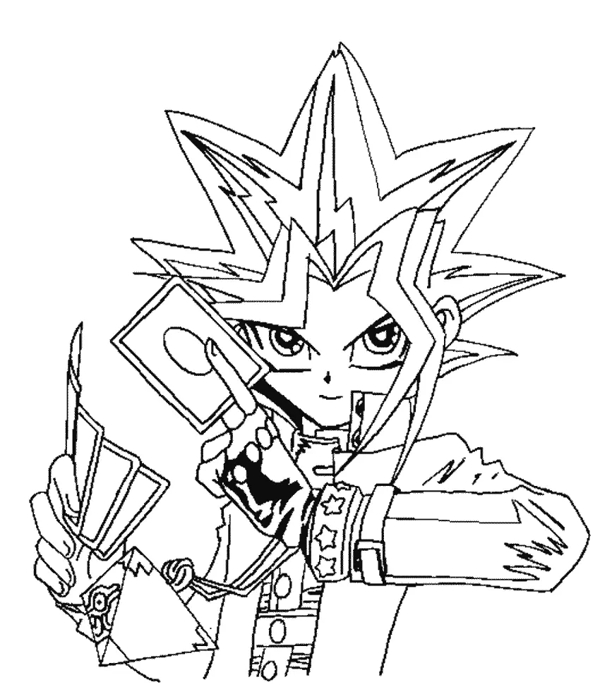 Desenho de contorno em preto e branco de Yami Yugi segurando três cartas de duelo, exibindo o colar do Enigma do Milênio.
