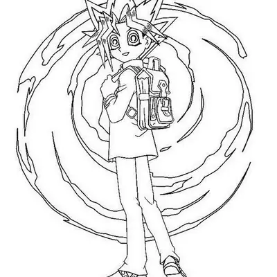Desenho de contorno em preto e branco de Yugi Muto usando mochila escolar, em pé na frente de um efeito de energia circular.