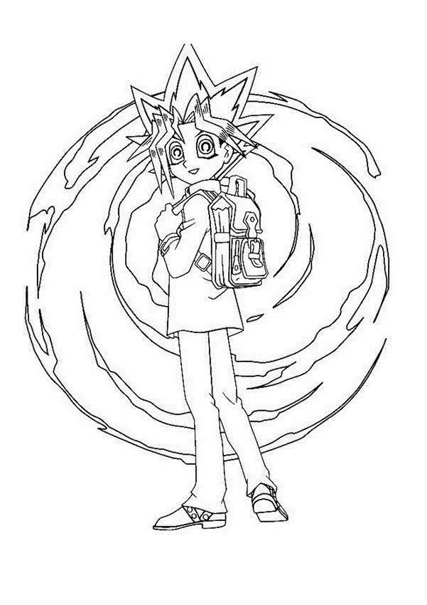 Desenho de contorno em preto e branco de Yugi Muto usando mochila escolar, em pé na frente de um efeito de energia circular.