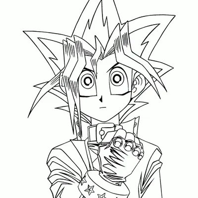 Desenho de contorno em preto e branco do busto de Yugi Muto, mostrando seu cabelo espetado, grandes olhos e mão fechada em frente ao peito.